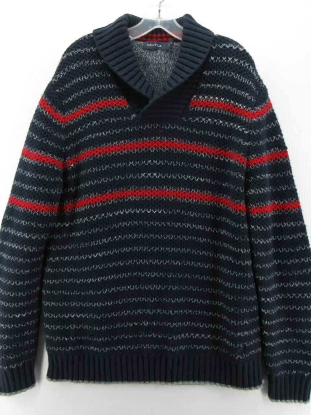 Nautica Sweater XL Pullover Shawl Collar Striped Chunky Knit Preppy
